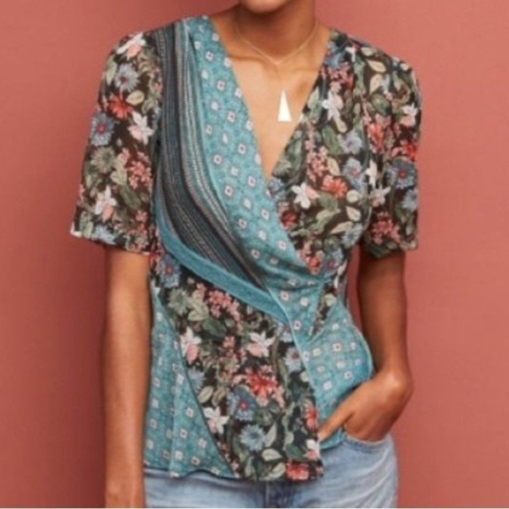 Anthropologie Tiny Teal Floral Mixed Print Wrap Blouse Lace Trim Size Large